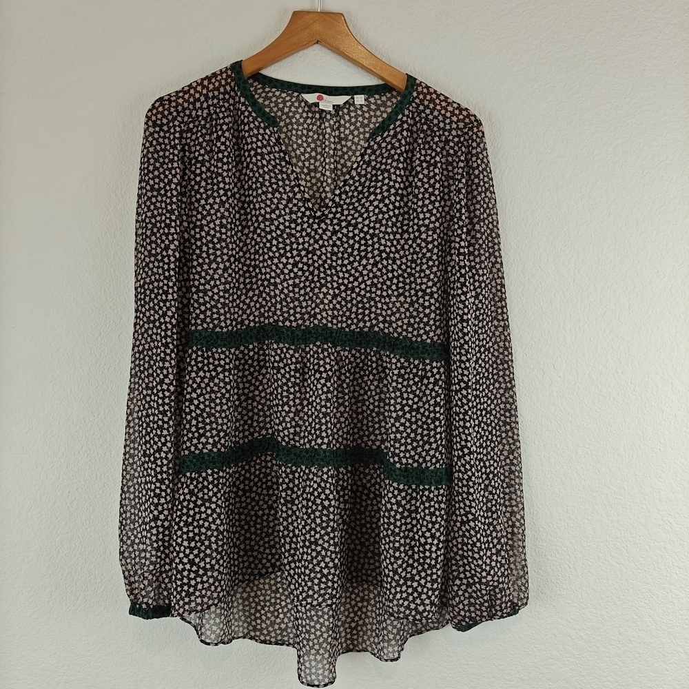 Boden Talise Top Size 6 Peasant Blouse Boho Black Pink Green Tiered Ruffle - Picture 2 of 11